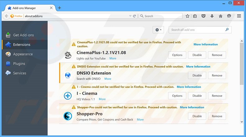 Suppression des extensions reliées à dnsioweb.net dans Mozilla Firefox 
