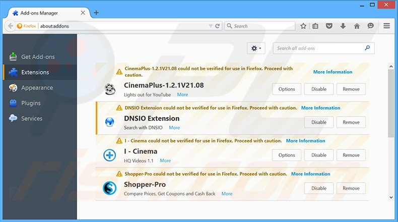 Suppression des extensions reliées à dnsioweb.net dans Mozilla Firefox 