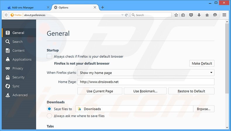 Suppression de la page d'accueil de dnsioweb.net dans Mozilla Firefox 
