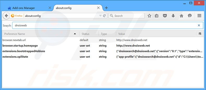 Suppression du moteur de recherche par défaut de dnsioweb.net dans Mozilla Firefox 