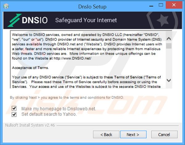Configuration officielle de l'installation du pirate de navigateur DNSIO