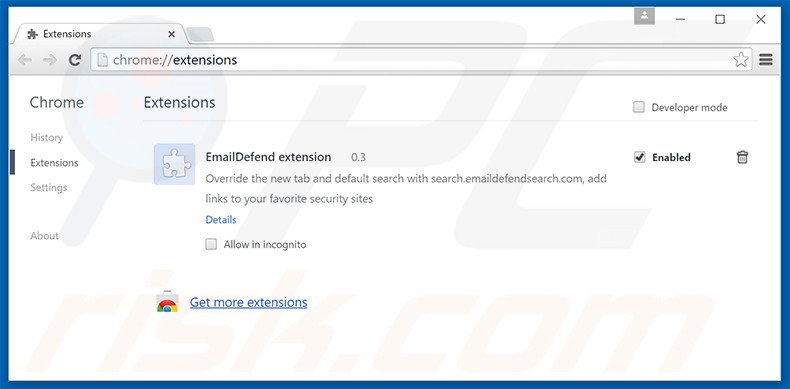 Suppression des extensions reliées à search.emaildefendsearch.com dans Google Chrome 