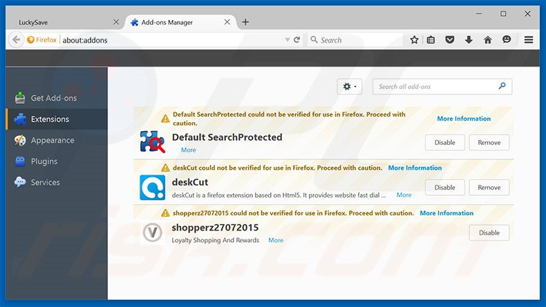 Suppression des extensions reliées à search.emaildefendsearch.com dans Mozilla Firefox 