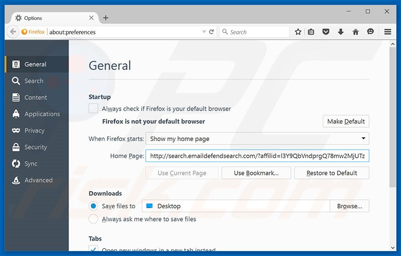 Suppression de la page d'accueil de search.emaildefendsearch.com dans Mozilla Firefox 