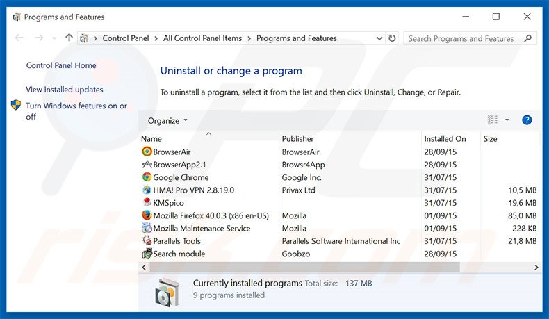 Désinstallation du logiciel de publicité Internet Browser via le Panneau de Configuration