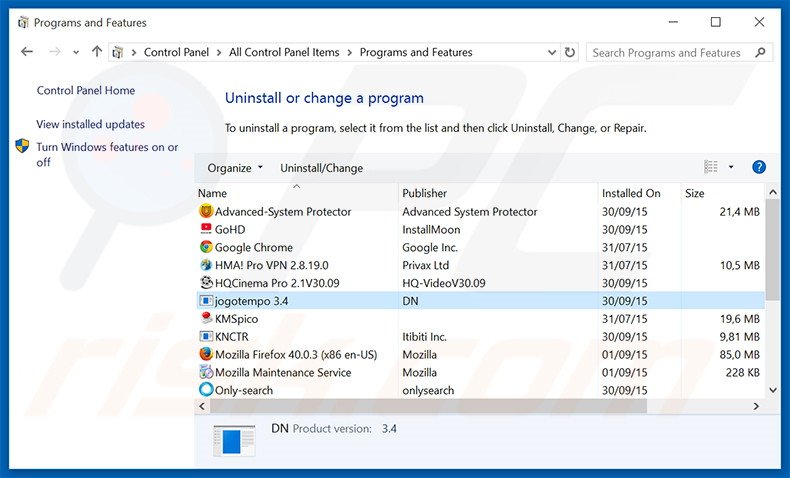 Désinstallation du logiciel de publicité Jogotempo via le Panneau de Configuration