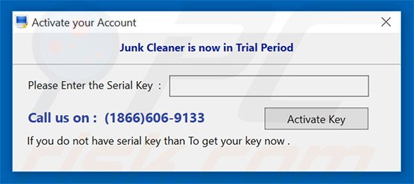 Junk Cleaner encourageant les utilisateurs à acheter une clef d'actvation