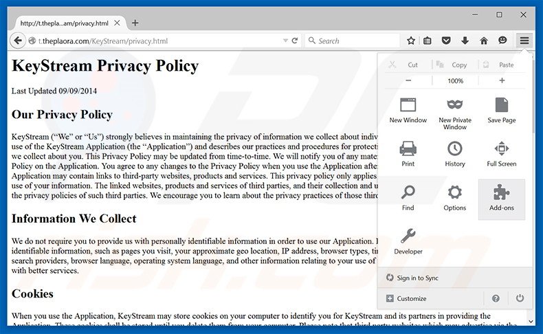 Suppression des publicités KeyStream dans Mozilla Firefox étape 1