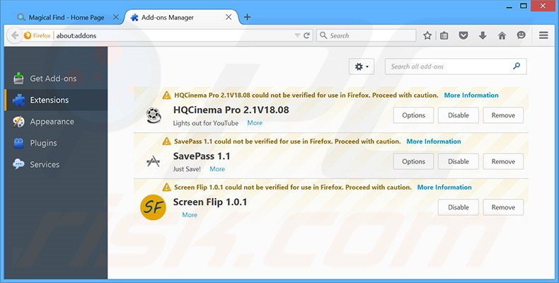 Suppression des publicités Magical Find dans Mozilla Firefox étape 2