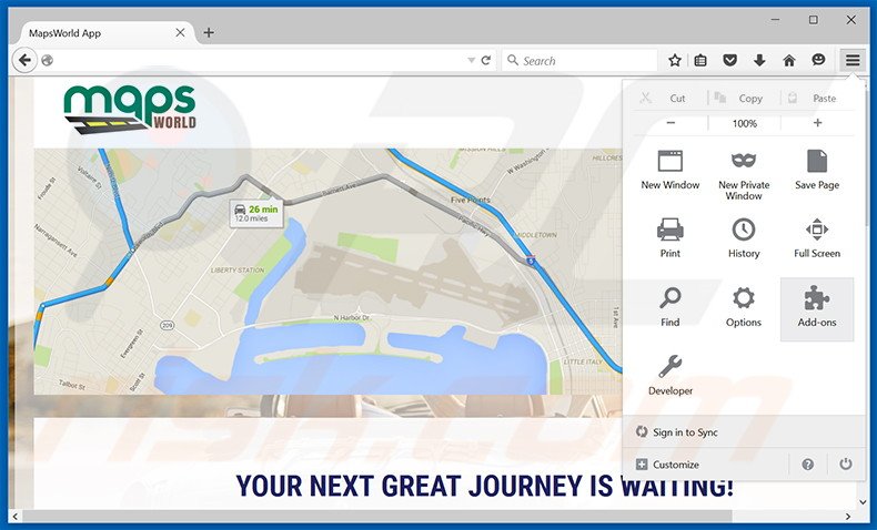 Suppression des publicités MapsWorld dans Mozilla Firefox étape 1