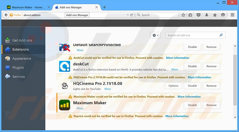 Suppression des publicités Maximum Maker dans Mozilla Firefox étape 2