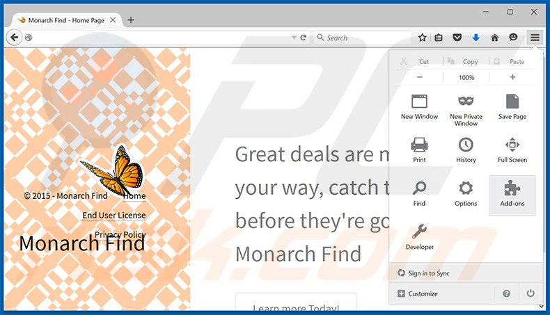 Suppression des publicités Monarch Find dans Mozilla Firefox étape 1