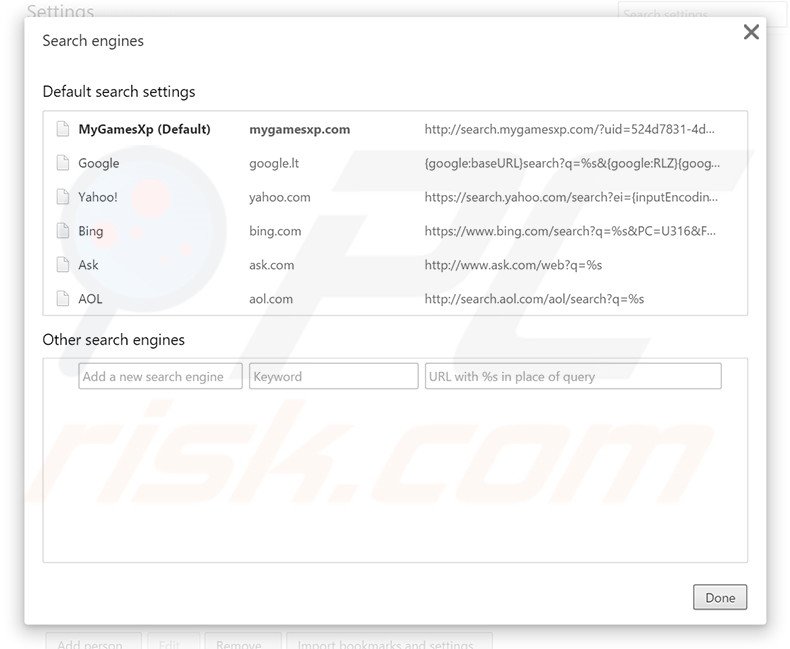 Suppression du moteur de recherche par défaut de search.mygamesxp.com dans Google Chrome 