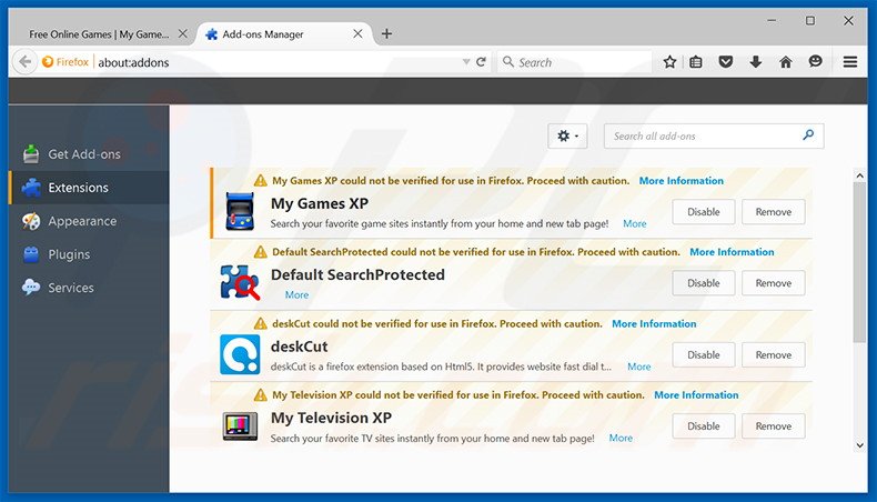 Suppression des extensions reliées à search.mygamesxp.com dans Mozilla Firefox 