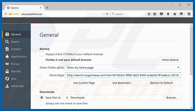 Suppression de la page d'accueil de search.mygamesxp.com dans Mozilla Firefox 
