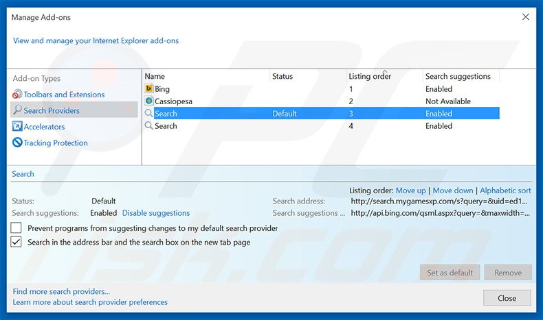 Suppression du moteur de recherche par défaut de search.mygamesxp.com dans Internet Explorer 
