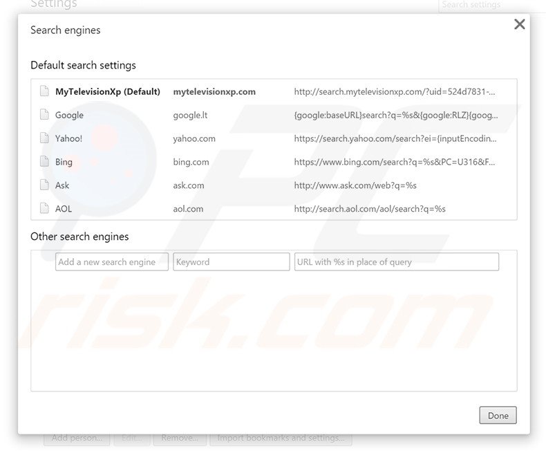 Suppression du moteur de recherche par défaut de search.mytelevisionxp.com dans Google Chrome 