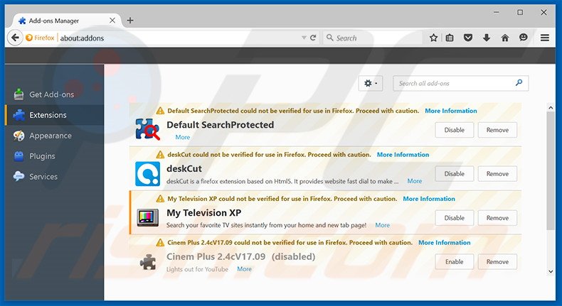 Suppression des extensions reliées à search.mytelevisionxp.com dans Mozilla Firefox 