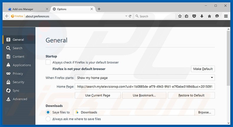 Suppression de la page d'accueil de search.mytelevisionxp.com dans Mozilla Firefox 