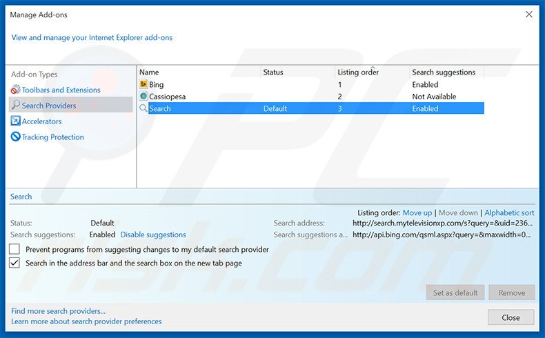 Suppression du moteur de recherche par défaut de search.mytelevisionxp.com dans Internet Explorer 