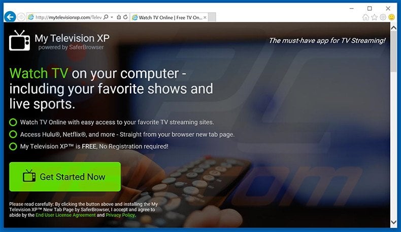 Site web utilisé pour faire la promotion du pirate de navigateur My Television XP 