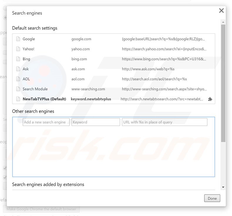 Suppression du moteur de recherche par défaut de search.newtabtvsearch.com dans Google Chrome 