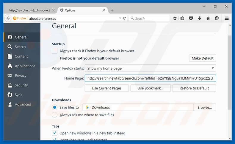 Suppression de la page d'accueil de search.newtabtvsearch.com dans Mozilla Firefox 