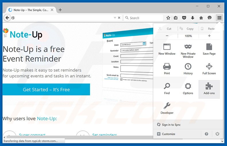 Suppression des publicités Note-up dans Mozilla Firefox étape 1