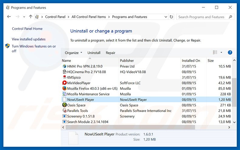 Désinstallation du logiciel de publicité NowUSeeIt Player via le Panneau de Configuration