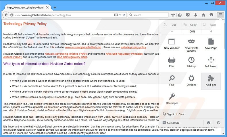 Suppression des publicités Nuvision Global Data Remarketer dans Mozilla Firefox étape 1
