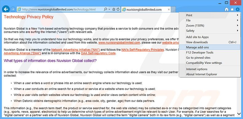 Suppression des publicités Nuvision Global Data Remarketer dans Internet Explorer étape 1