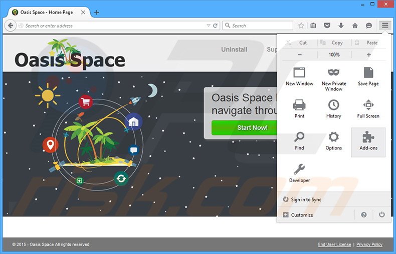 Suppression des publicités Oasis Space dans Mozilla Firefox étape 1