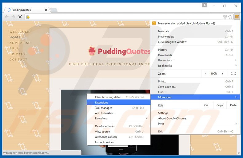 Suppression des publicités PuddingQuotes dans Google Chrome étape 1
