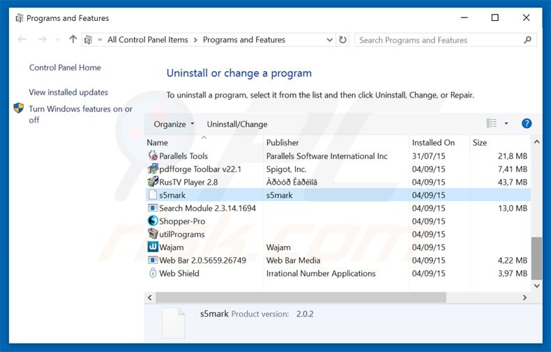 Désinstallation du logiciel de publicité s5mark via le Panneau de Configuration