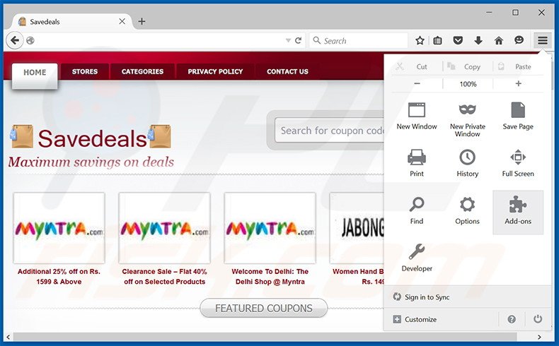 Suppression des publicités SaveDeals dans Mozilla Firefox étape 1