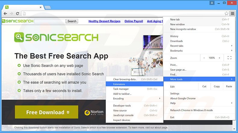 Suppression des publicités Sonic Search dans Google Chrome étape 1