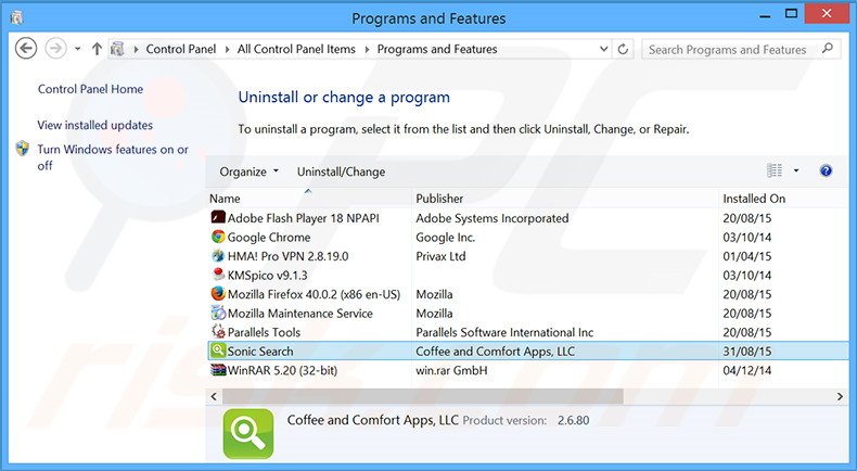 Désinstallation du logiciel de publicité Sonic Search via le Panneau de Configuration