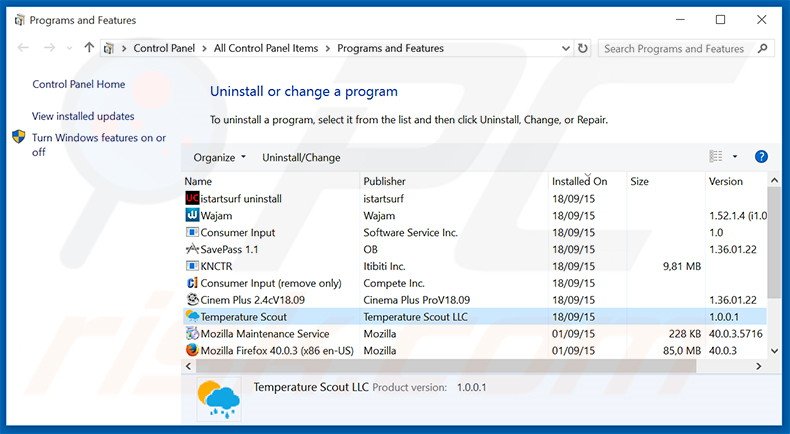 Désinstallation du logiciel de publicité Temperature Scout via le Panneau de Configuration