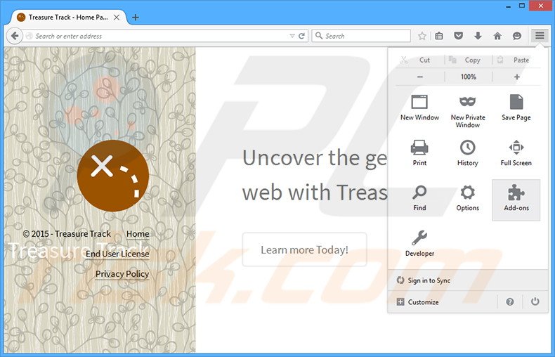 Suppression des publicités Treasure Track dans Mozilla Firefox étape 1