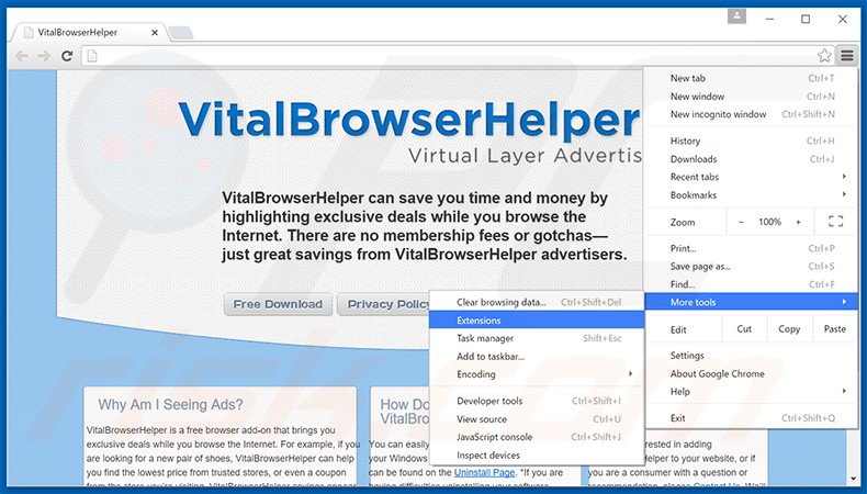 Suppression des publicités Vital Browser Helper dans Google Chrome étape 1