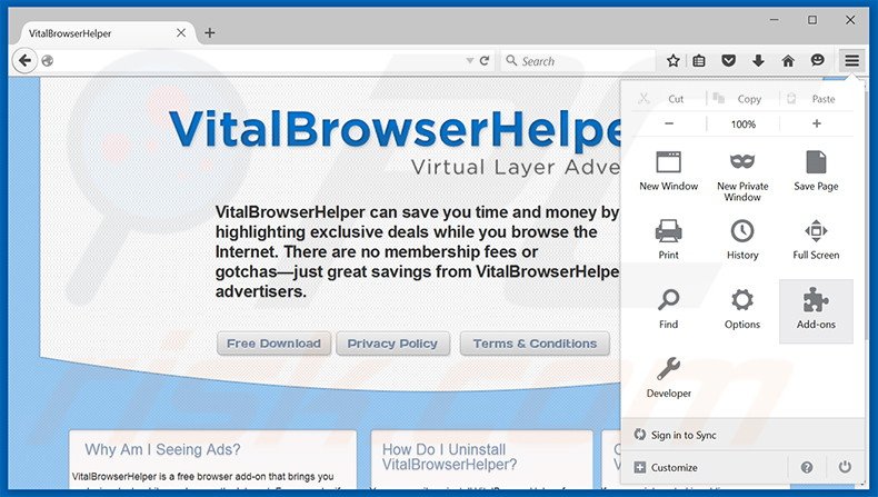 Suppression des publicités Vital Browser Helper dans Mozilla Firefox étape 1