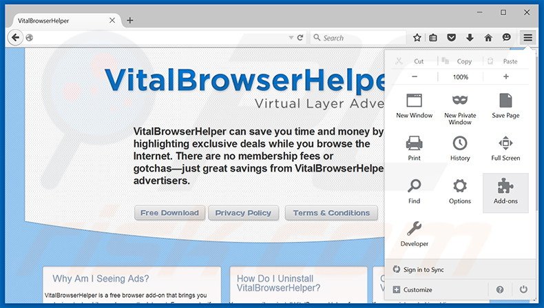 Suppression des publicités Vital Browser Helper dans Mozilla Firefox étape 1