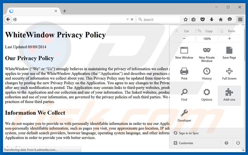 Suppression des publicités WhiteWindow dans Mozilla Firefox étape 1