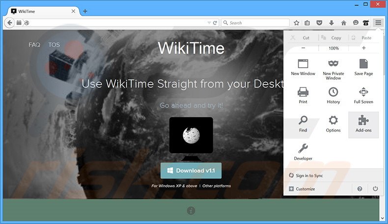 Suppression des publicités WikiTime dans Mozilla Firefox étape 1