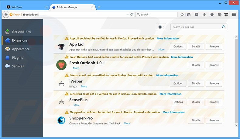 Suppression des publicités WikiTime dans Mozilla Firefox étape 2