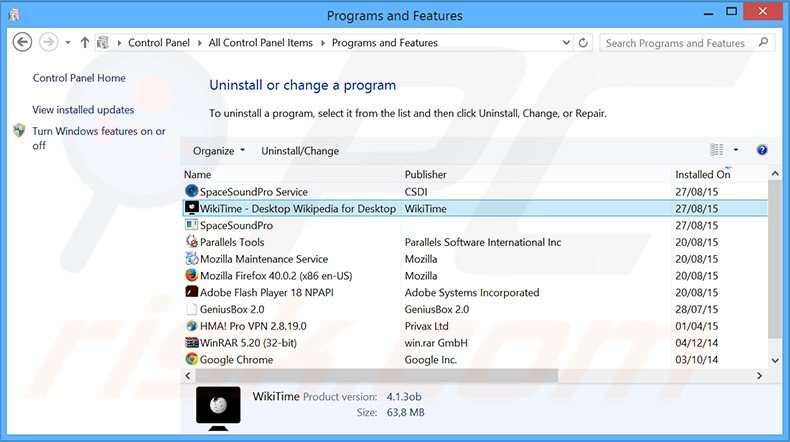 Désinstallation du logiciel de publicité WikiTime via le Panneau de Configuration