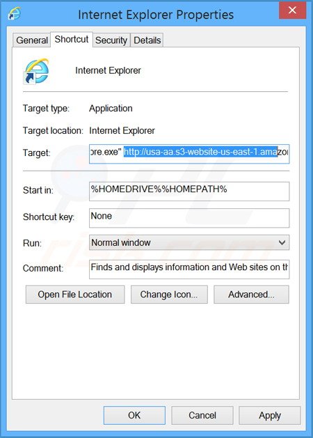 Suppression du raccourci cible de vwww-search.info dans Internet Explorer étape 2
