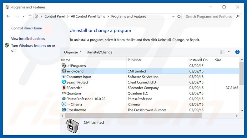 Désinstallation du logiciel de publicité YellowSend via le Panneau de Configuration