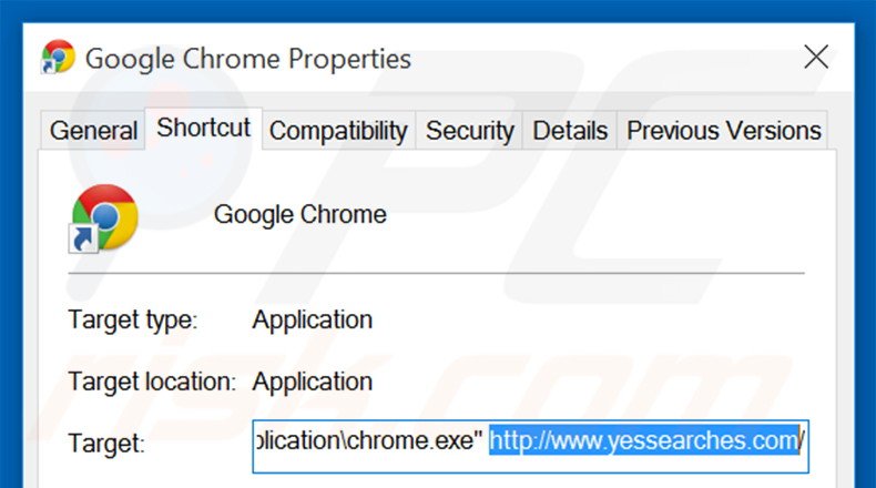 Suppression du raccourci cible de yessearches.com dans Google Chrome étape 2