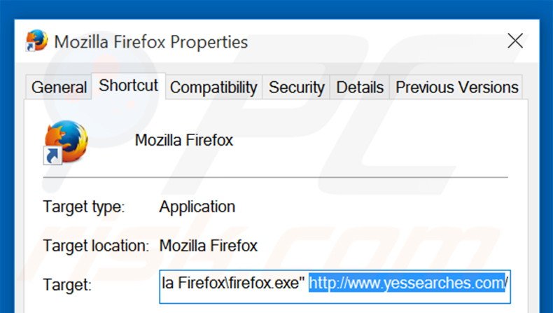 Suppression du raccourci cible de yessearches.com dans Mozilla Firefox étape 2